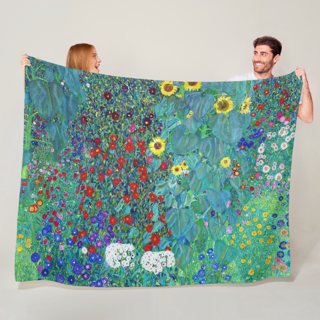 Farm Garden with Sunflowers, Gustav Klimt Fleece Blanket (In Situ)