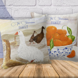 Farm Geese, Winter Oranges 2-sided Throw Pillow