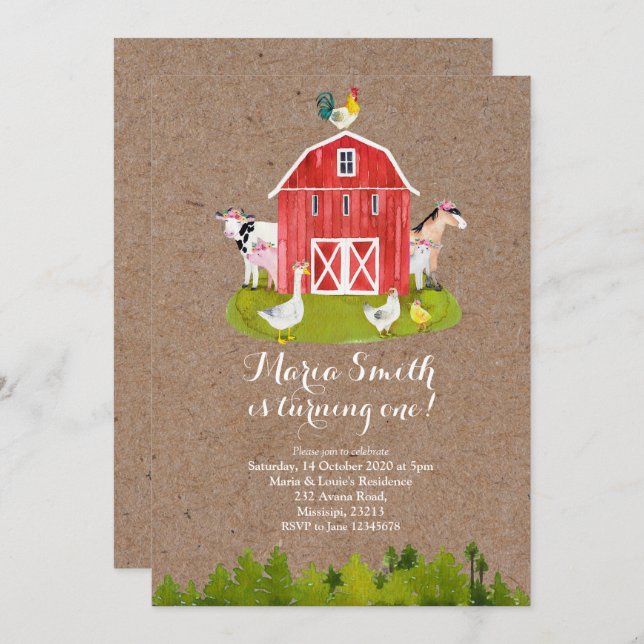 Farm Girl 1st Birthday Invitation (Front/Back)