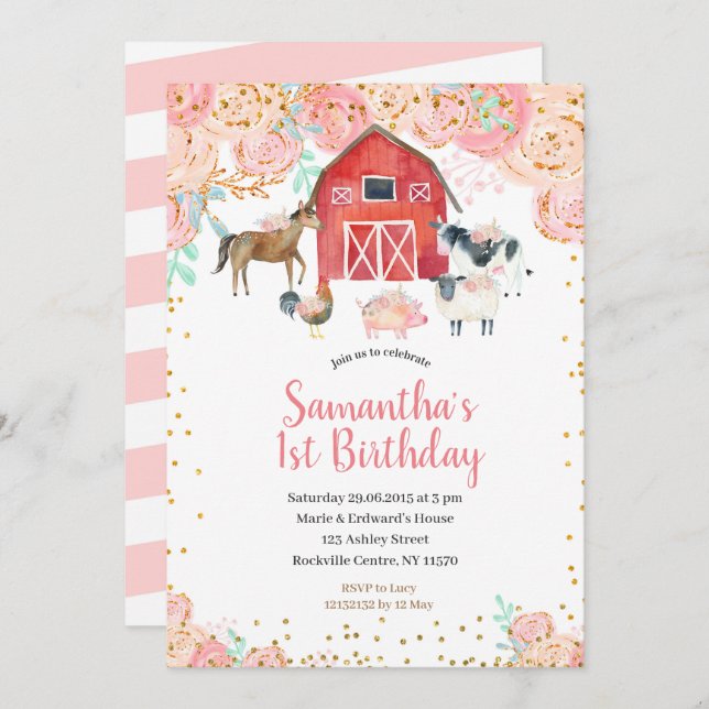 Farm Girl Birthday Invitation Pink Peach (Front/Back)