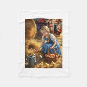 Farm Girl Collecting Eggs with Chicks Fleece Blank Blanket