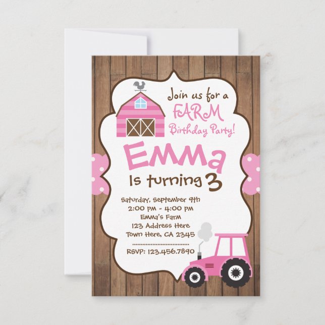 Farm Girl Invitation, Pink barnyard and tractor Invitation (Front)