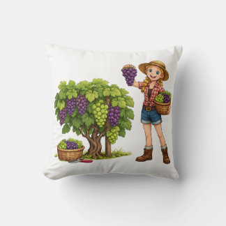 Farm girl picking grapes, vineyard harvest art cushion