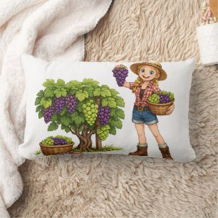 Farm girl picking grapes, vineyard harvest art lumbar cushion