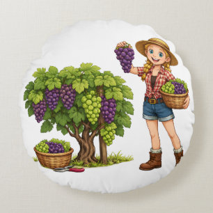 Farm girl picking grapes, vineyard harvest art round cushion