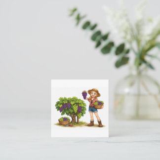 Farm girl picking grapes, vineyard harvest art square business card