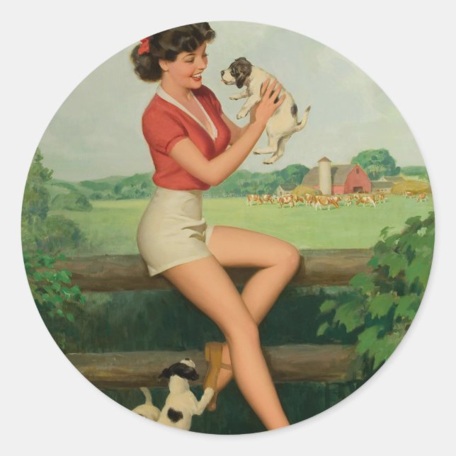 Farm Girl Play With Puppy Pinup Classic Round Sticker (Front)