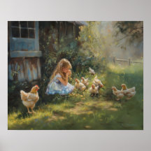 Farm Girl with Chickens Farmhouse Homestead art