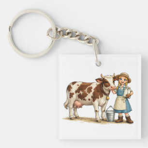Farm girl with cow, cute dairy country art key ring