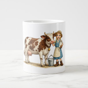 Farm girl with cow, cute dairy country art large coffee mug