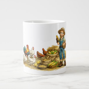 Farm girl with eggs, cute rustic country art large coffee mug