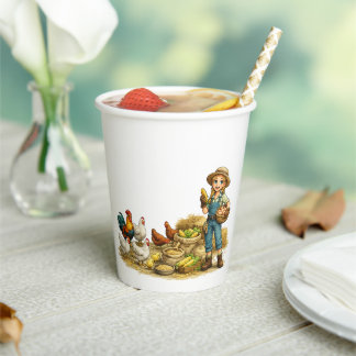 Farm girl with eggs, cute rustic country art paper cups