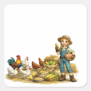 Farm girl with eggs, cute rustic country art square sticker