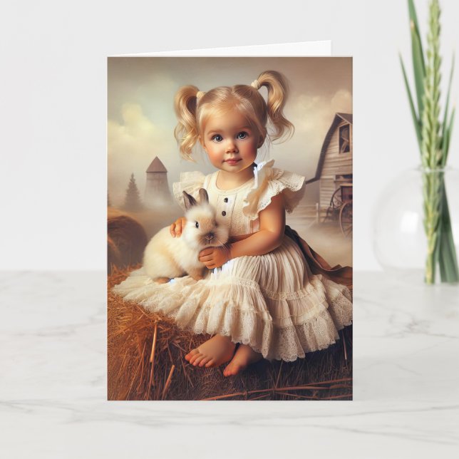 Farm Girl With Pet Rabbit for Birthday Card (Front)