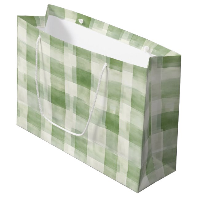 Farm Green Cream Plaid Bridal Shower Large Gift Bag (Front Angled)