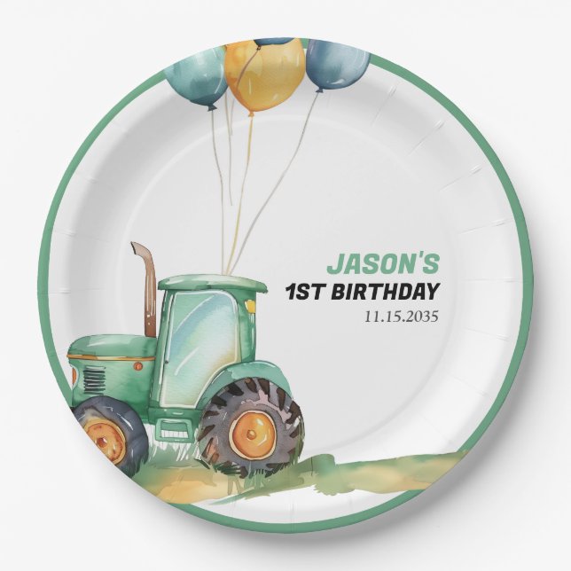 Farm Green Tractor Birthday Paper Plate (Front)