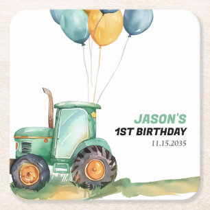 Farm Green Tractor Birthday Square Paper Coaster