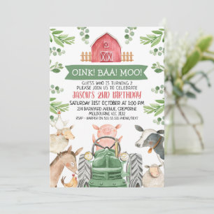 Farm Green Tractor Oink Baa Moo 2nd Birthday Invitation