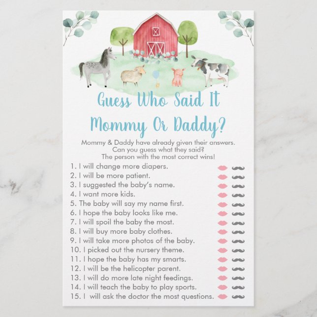 Farm Greenery Guess Who Said It Baby Shower Game (Front)
