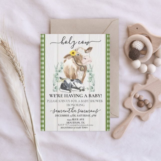 Farm Holy Cow Calf Baby Shower Gingham Green  Invitation (Creator Uploaded)