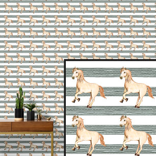 Farm Horse on Brown Green Fences Stripes Wallpaper