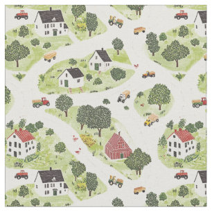 Farm houses barn and tractors. Small town village  Fabric