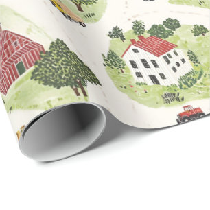 Farm houses barn and tractors. Small town village Wrapping Paper