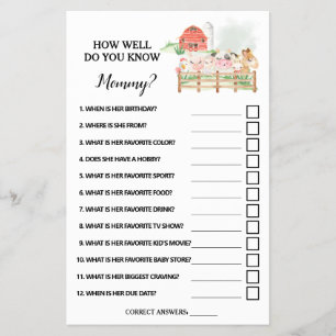 Farm How well do you know Mom Shower game card