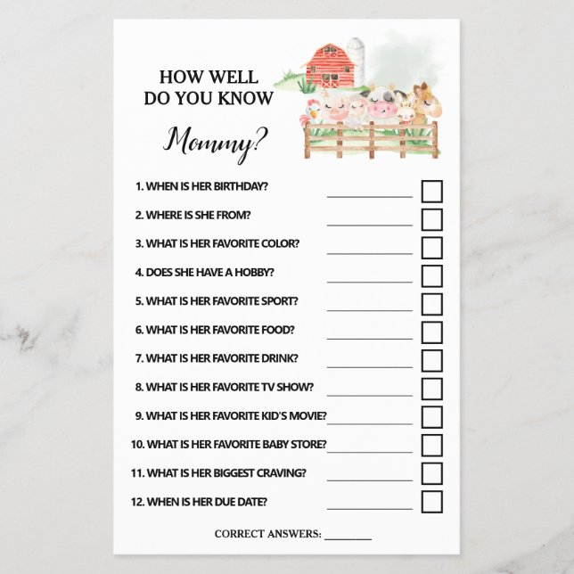 Farm How well do you know Mom Shower game card (Front)