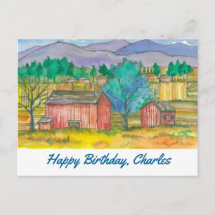 Farm Land Red Barns Happy Birthday Custom Name Postcard