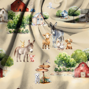 Farm Land Tan Scenic Pattern Fabric