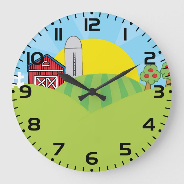 Farm Landscape Red Barn Silo Apple Trees Large Clock (Front)