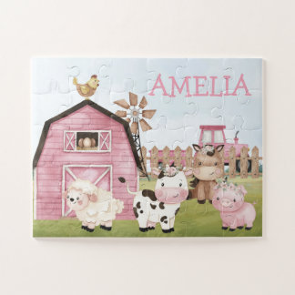Farm Learning Toys, Custom Name Pink Farm Jigsaw Puzzle