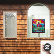 Farm Life Red Barn At Sunset Faux Stained Glass