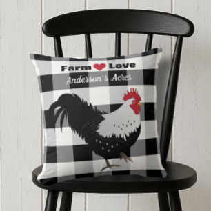 Farm Love Custom Rooster Black White Check Cushion