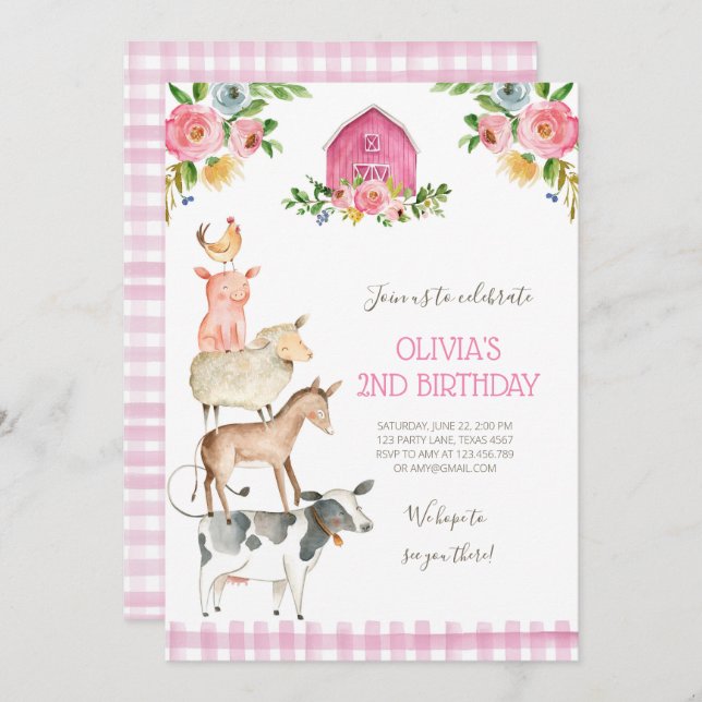 Farm Old MacDonald Barnyard Pink Animals Party Invitation (Front/Back)