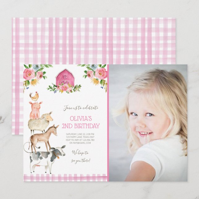 Farm Old MacDonald Barnyard Pink Animals Party Invitation (Front/Back)