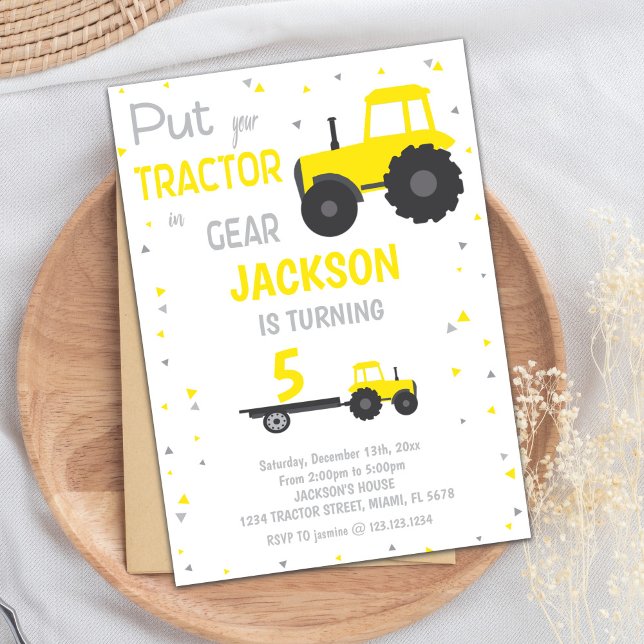 Farm Party Card for Toddlers & Kids (Yellow Tractor Birthday Invitations)