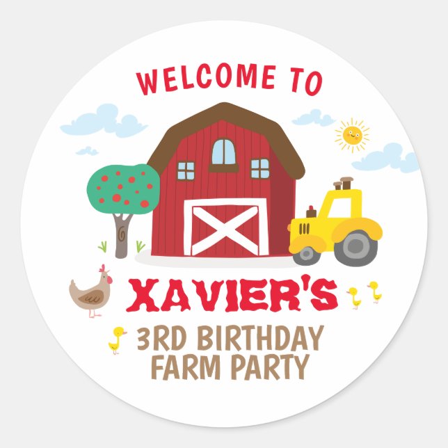 Farm party sticker, barnyard party favour sticker (Front)