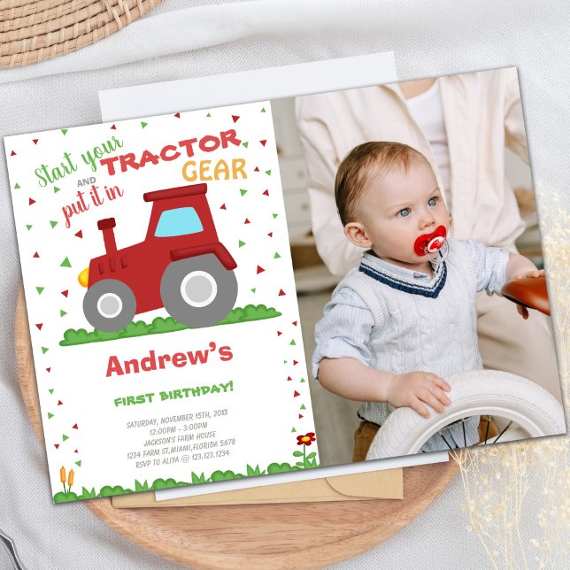 Farm Party Theme for Boys or Girls Invitation (Red Tractor Birthday Invitations with photo)