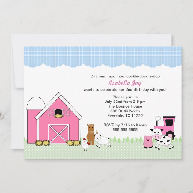 Farm Petting Zoo Girl Birthday Party Invite (Front)