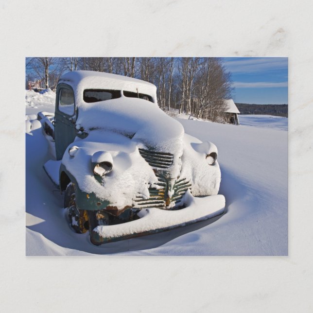 Farm Pickup Truck Covered in Snow Holiday Postcard (Front)