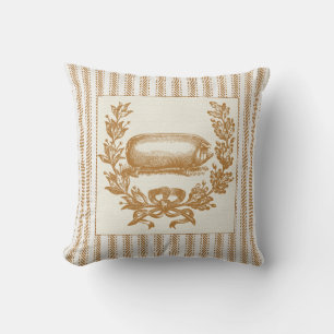 Farm Pig with Wreath on Brown Ticking Cushion