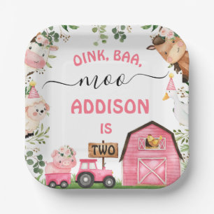 Farm Pink Barn Tractor Birthday Party Paper Plate