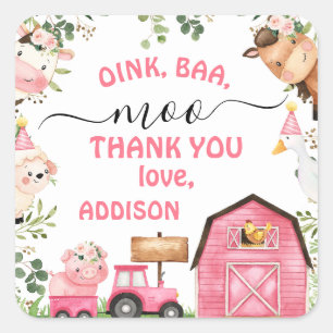 Farm Pink Barn Tractor Birthday Thank You Square Sticker