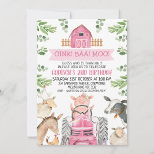 Farm Pink Tractor Oink Baa Moo 2nd Birthday Invitation
