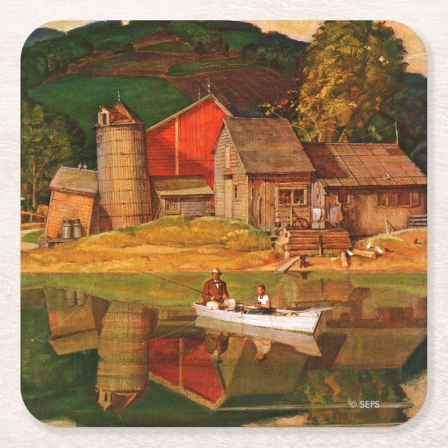 Farm Pond Landscape by Mead Schaeffer Square Paper Coaster (Front)