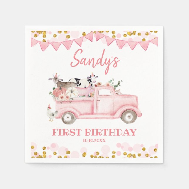 Farm Pumpkin Pink Truck Drive By Birthday Paper Napkin (Front)