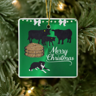 Farm Ranch Black Angus Cattle And Dog Christmas Ceramic Ornament