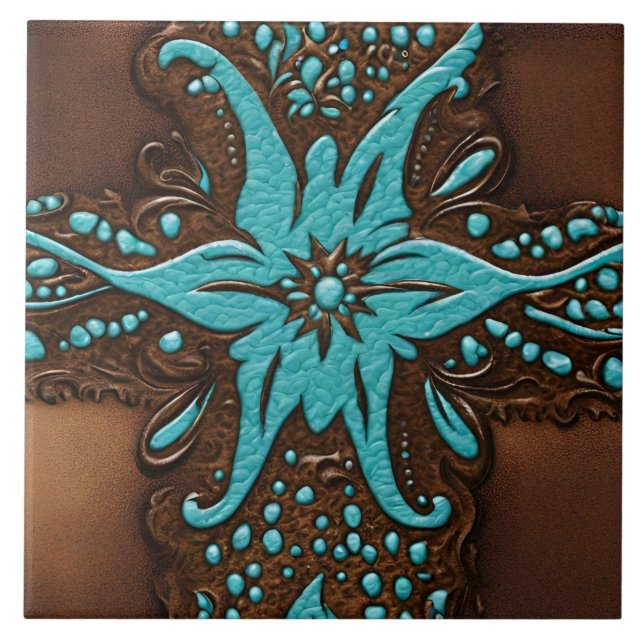 Farm Ranch Brown Turquoise Western Country Pattern Ceramic Tile (Front)